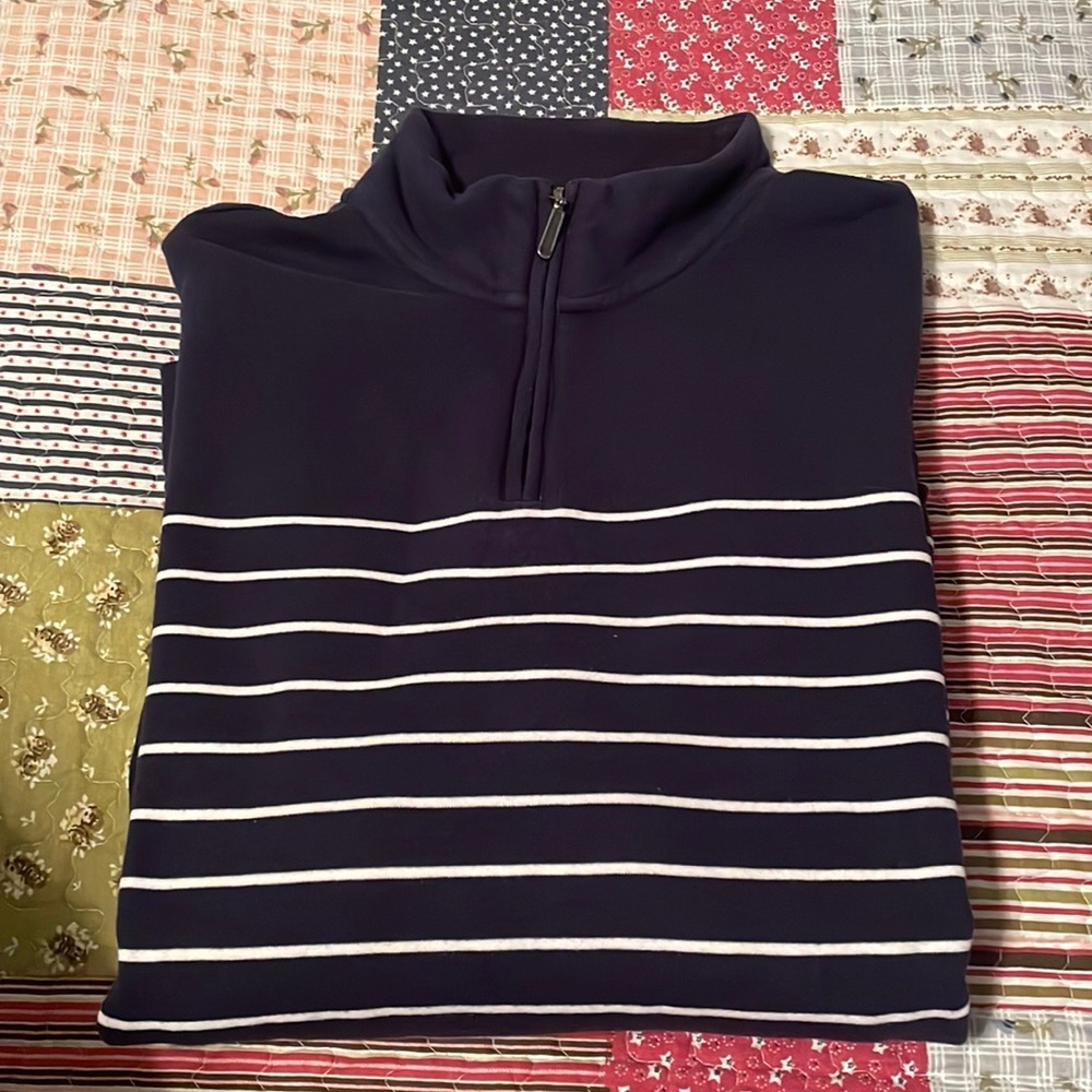 Men’s Club Room Navy & White Striped Quarter-Zip Pullover Size Large.